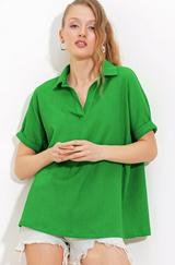 Yeşil Oversize Polo Yaka Örme Bluz 0486
