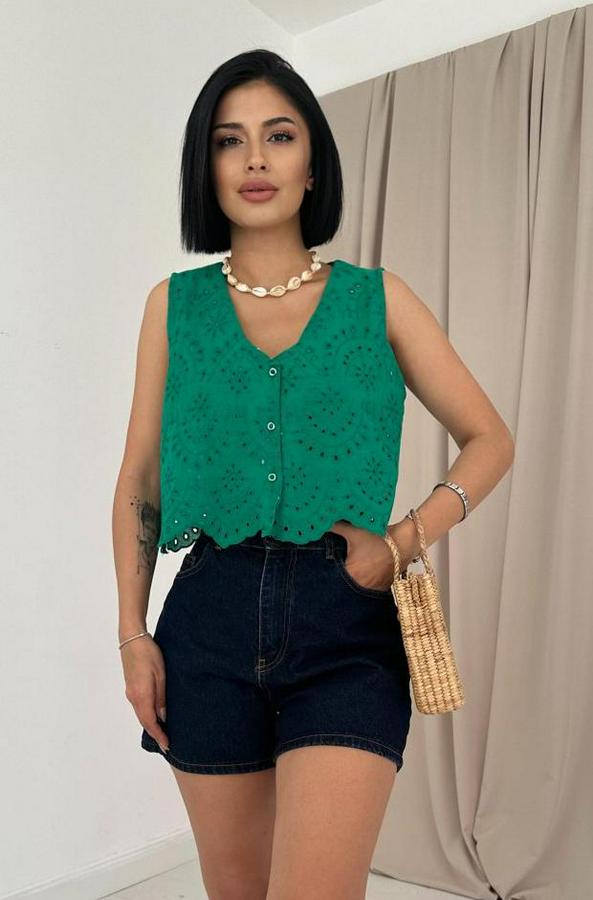 Yeşil Sıfır Kol Brode Bluz