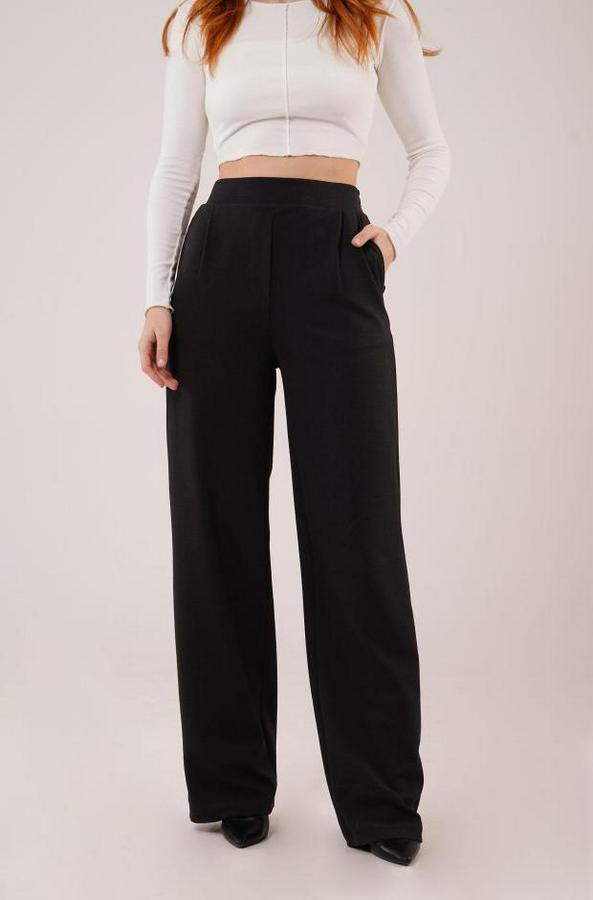 Yüksek Bel Bol Paça Krep Siyah Pantolon