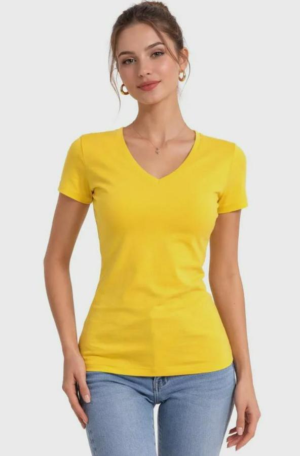 Lü V Yaka Tişört – Kısa Kollu Yazlık Slim Fit Body