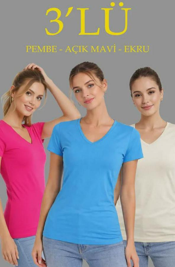 Lü V Yaka Tişört – Kısa Kollu Yazlık Slim Fit Body