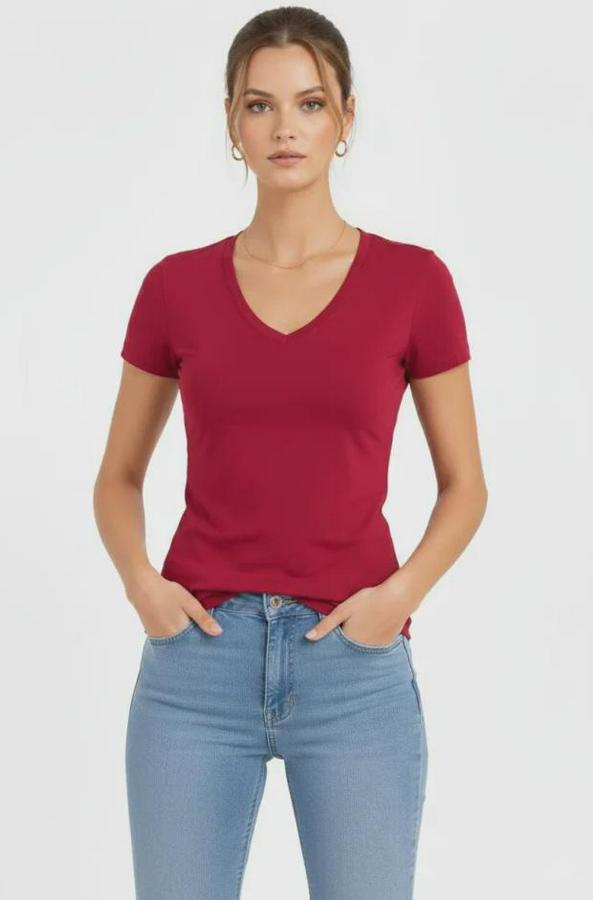 T-Shirt V Yaka Slim Fit Likralı Tişört Günlük Basic Body
