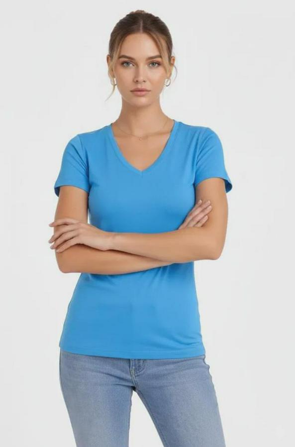 T-Shirt V Yaka Slim Fit Likralı Tişört Günlük Basic Body
