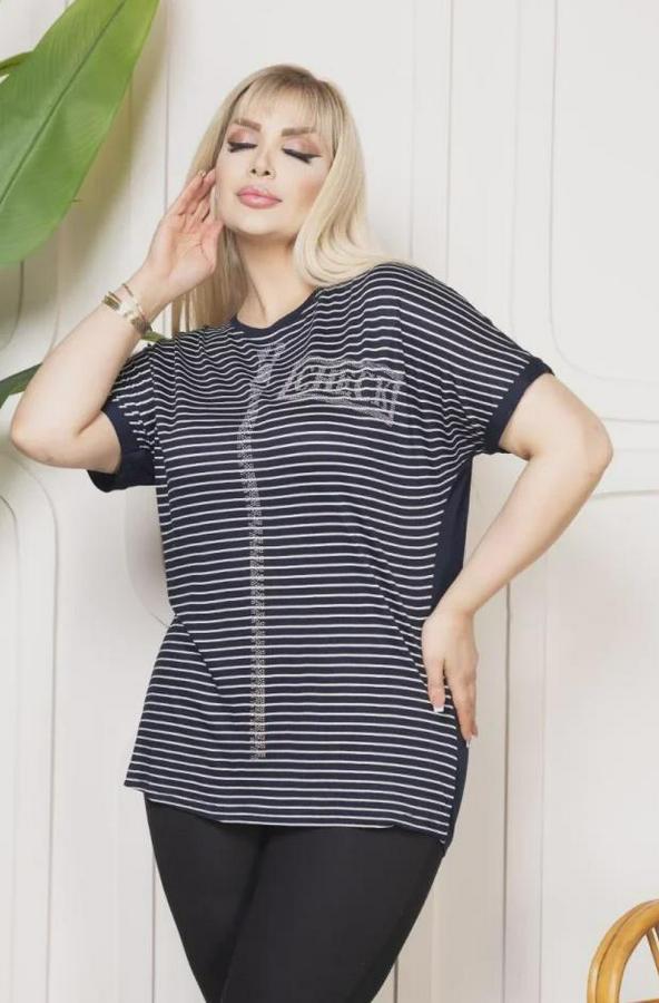 Büyük Beden Çizgili Taş Detaylı Kısa Kollu Likralı Viskon Tişört