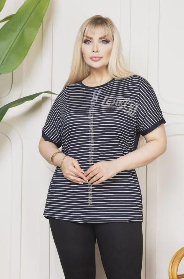 Büyük Beden Çizgili Taş Detaylı Kısa Kollu Likralı Viskon Tişört