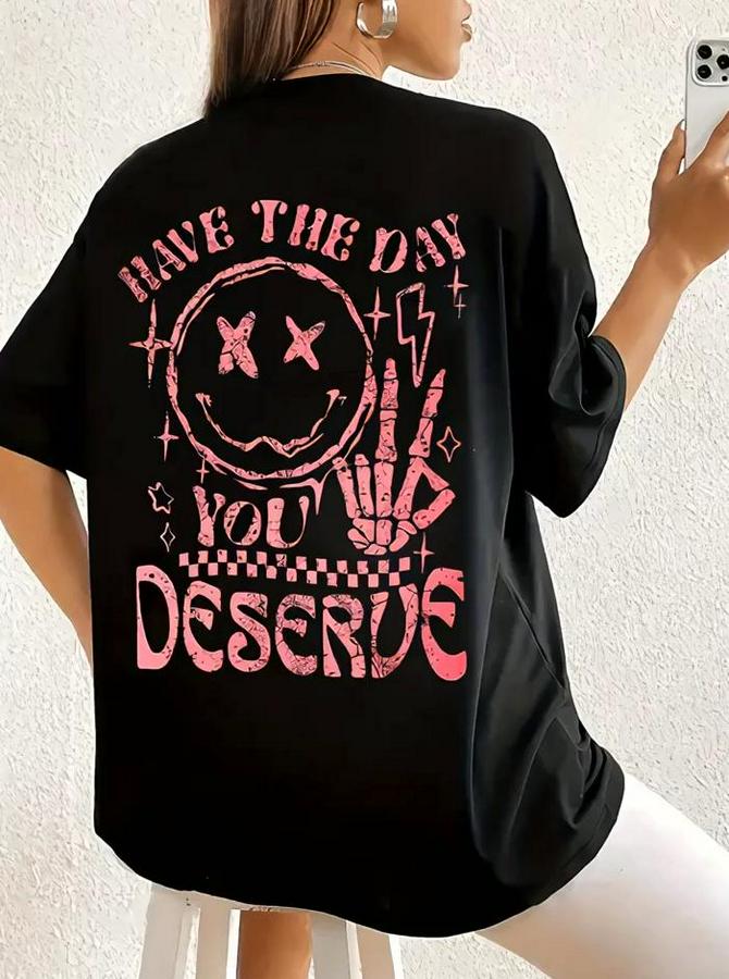 Baskılı Oversize Bisiklet Yaka T-Shirt