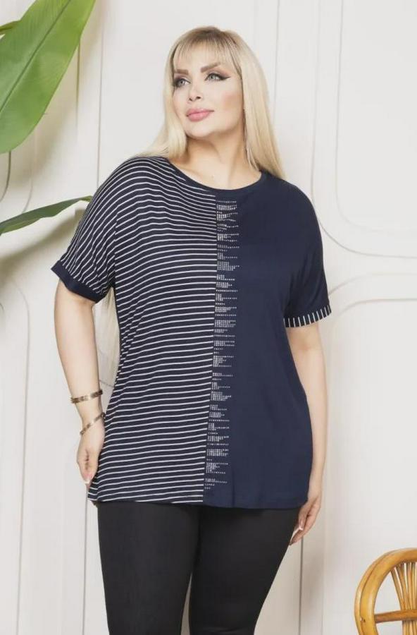 Büyük Beden Taş Detaylı Çizgili Viskon Tişört Bisiklet Yaka Rahat Kesim