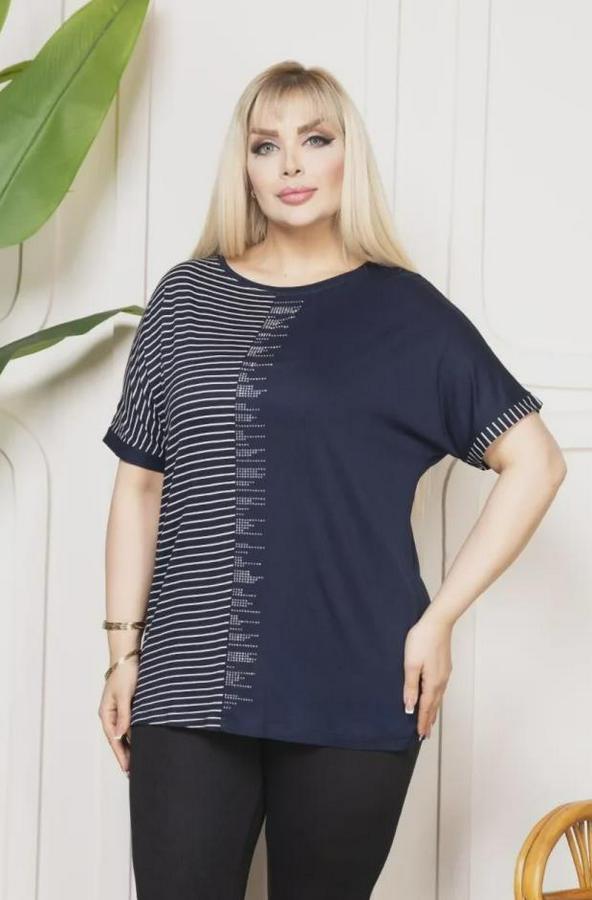 Büyük Beden Taş Detaylı Çizgili Viskon Tişört Bisiklet Yaka Rahat Kesim