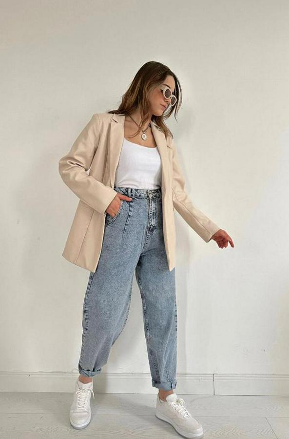 Bej Düğmeli Deri Ceket