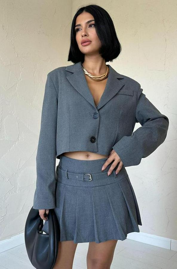 Gri Bomber Ceket Ve Pileli Etek Takım