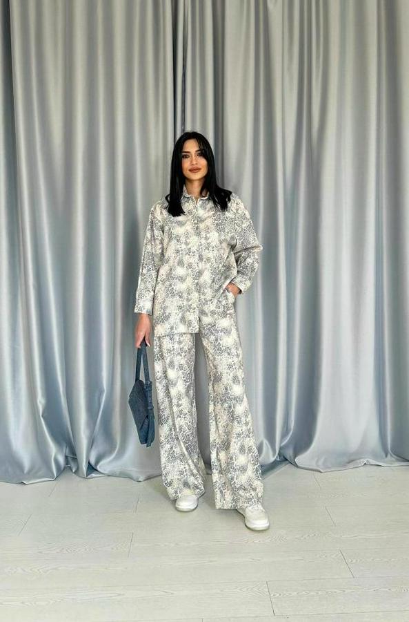 Gri Leopar Desenli Ceket Ve Pantolon Keten Takım