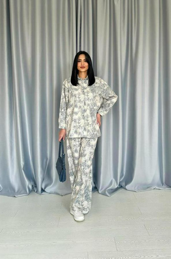 Gri Leopar Desenli Ceket Ve Pantolon Keten Takım