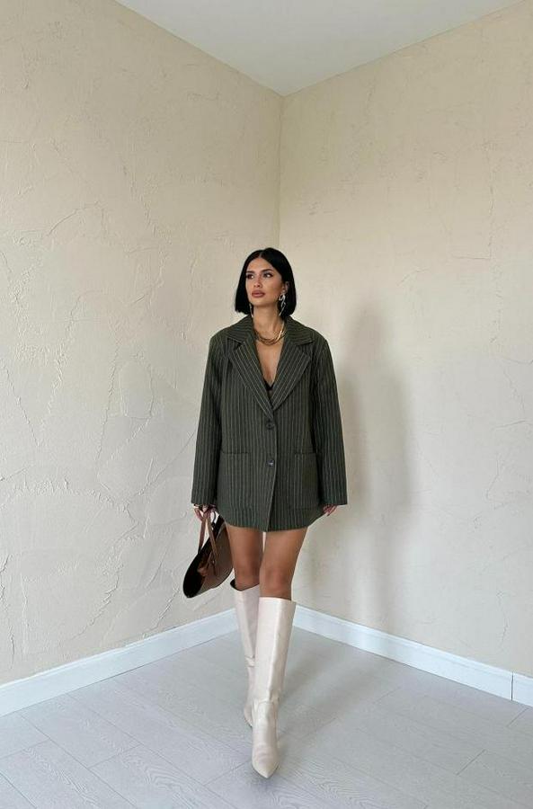 Haki Çizgili Oversize Ceket