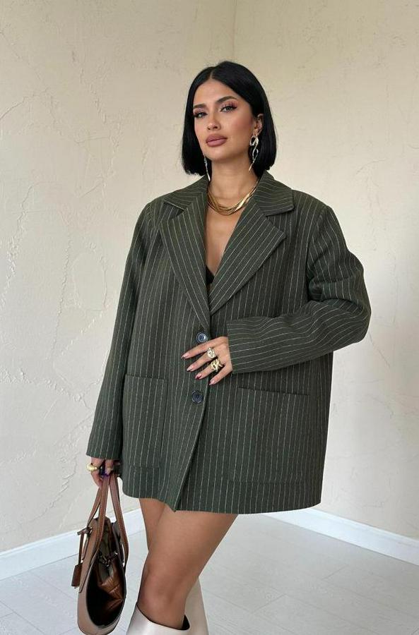 Haki Çizgili Oversize Ceket