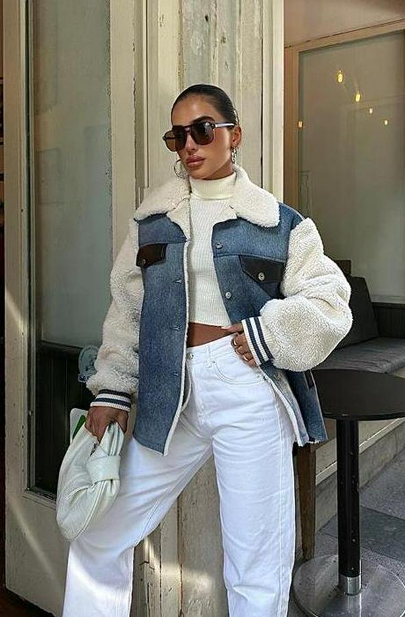 Içi Kürklü Deri Garnili Denim Görünümlü Ceket 6116