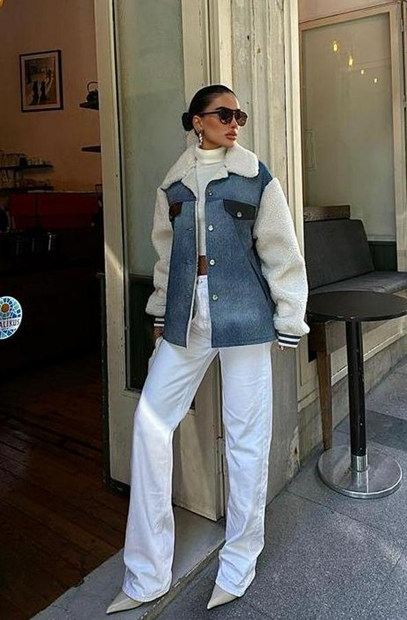Içi Kürklü Deri Garnili Denim Görünümlü Ceket 6116