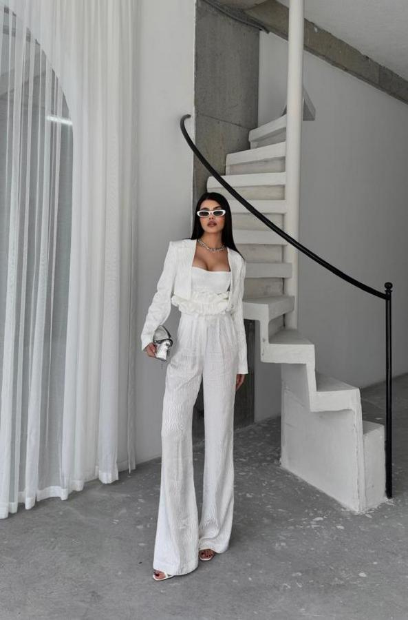 Jakarli Bluzu Tasarim Detayli Ceket-Pantolon-Bluz 3 Lü Takim