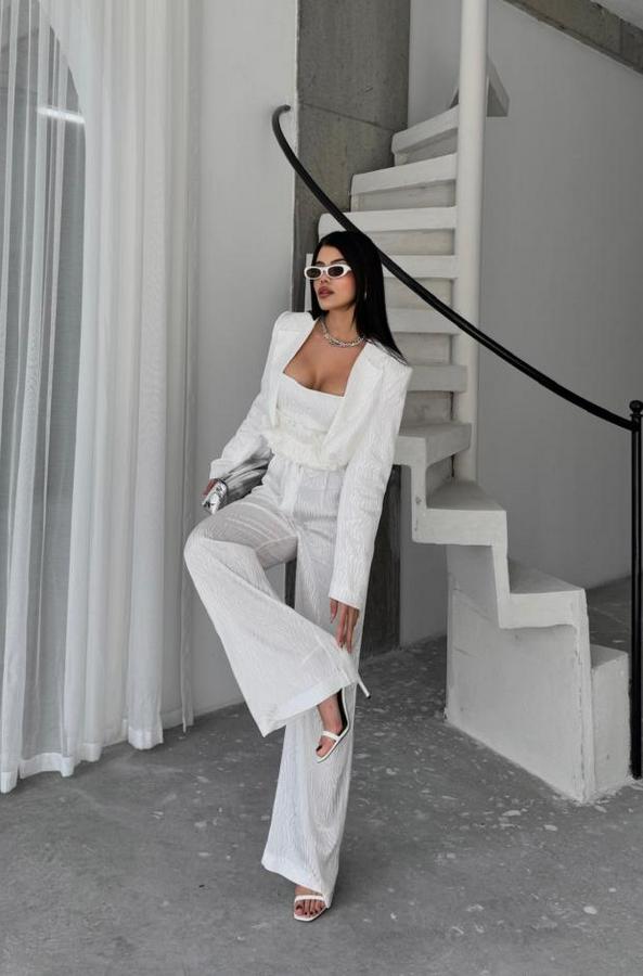 Jakarli Bluzu Tasarim Detayli Ceket-Pantolon-Bluz 3 Lü Takim