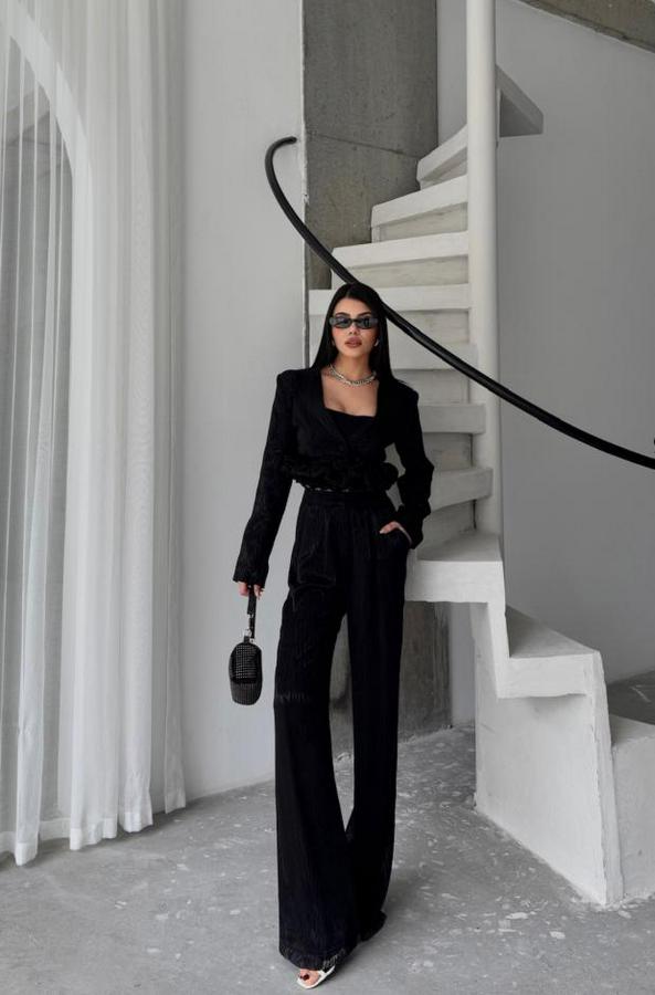 Jakarli Bluzu Tasarim Detayli Ceket-Pantolon-Bluz 3 Lü Takim