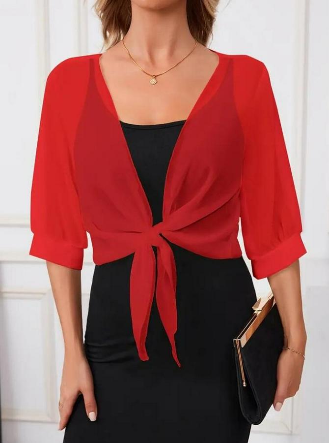 Fakir Kollu Önden Bağlamalı Kısa Şifon Bolero Ceket