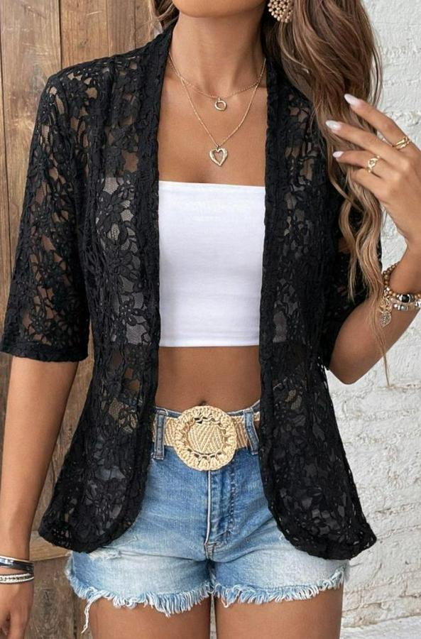 Kısa Kollu Önü Açık Dantelli Ceket