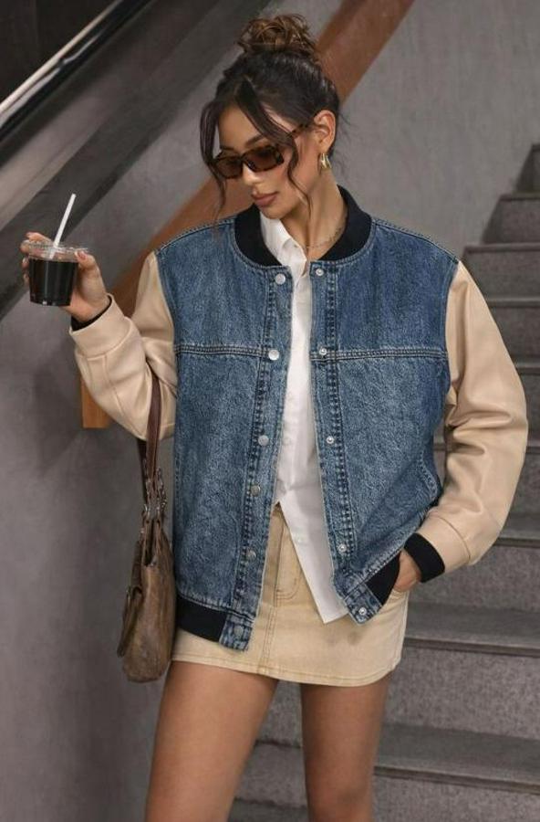 Kolları Deri Detay Bomber Kot Ceket