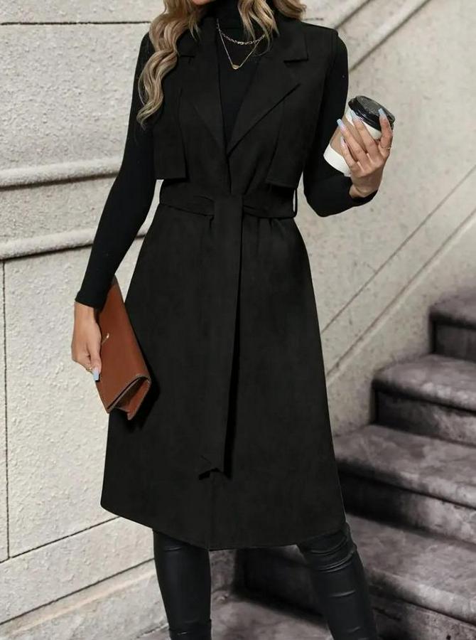 Kolsuz Yakalı Önü Açık Belden Kuşaklı Süet Midi Yelek