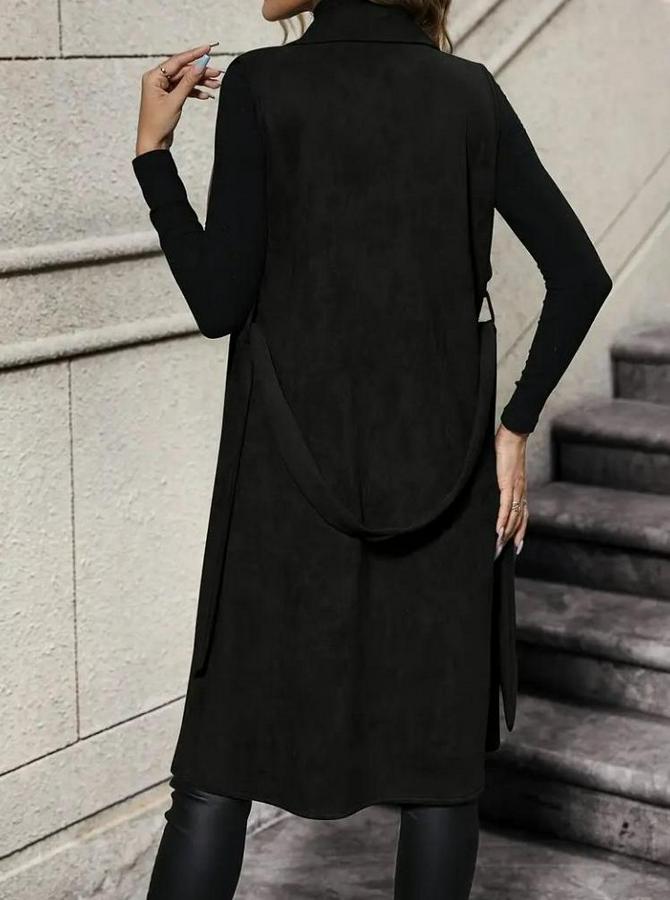 Kolsuz Yakalı Önü Açık Belden Kuşaklı Süet Midi Yelek