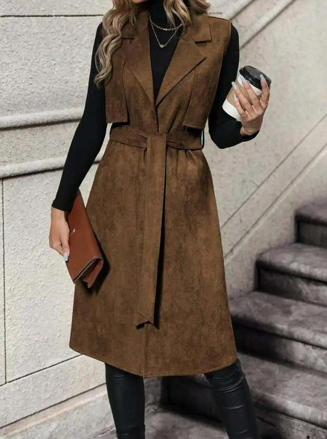 Kolsuz Yakalı Önü Açık Belden Kuşaklı Süet Midi Yelek