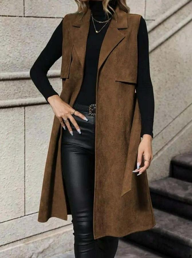 Kolsuz Yakalı Önü Açık Belden Kuşaklı Süet Midi Yelek