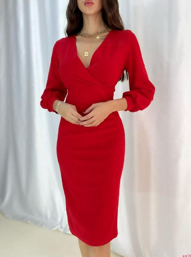 Kruvaze Yaka Balon Kol Midi Boy Elbise