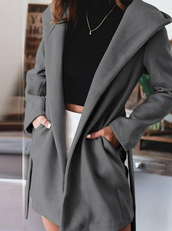 Uzun Kollu Belden Kuşaklı Kapşonlu Kısa Kaşe Kaban