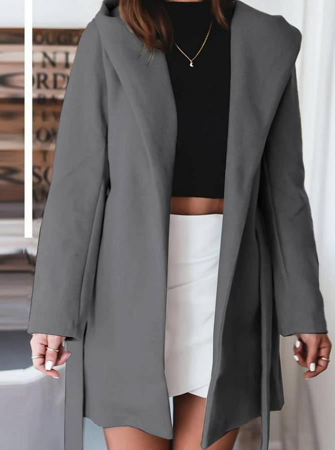 Uzun Kollu Belden Kuşaklı Kapşonlu Kısa Kaşe Kaban