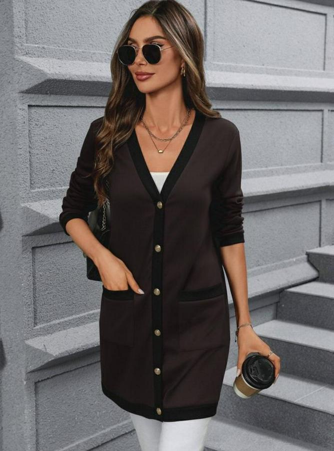 Uzun Kollu Cepli Önden Düğmeli Uzun Modal Ceket
