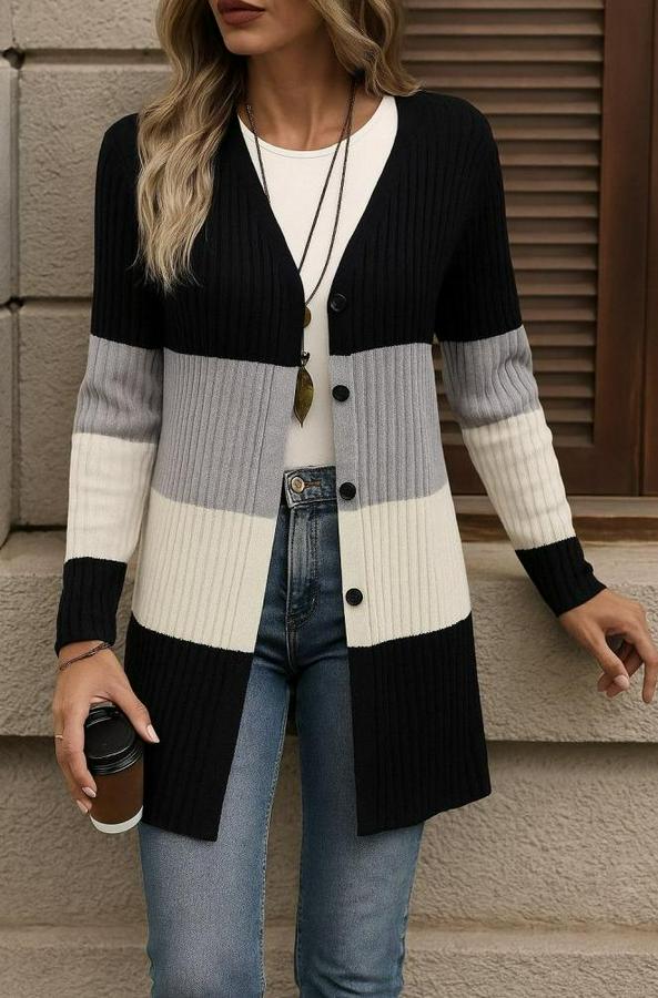 Uzun Kollu Çok Renkli Önden Düğmeli Uzun Ceket