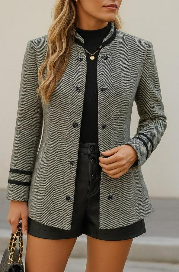Uzun Kollu Hakim Yaka Düğme Detaylı Mini Dokuma Ceket