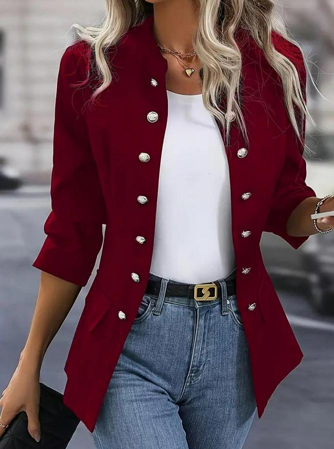 Uzun Kollu Hakim Yaka Önü Açık Düğme Detaylı Atlas Ceket
