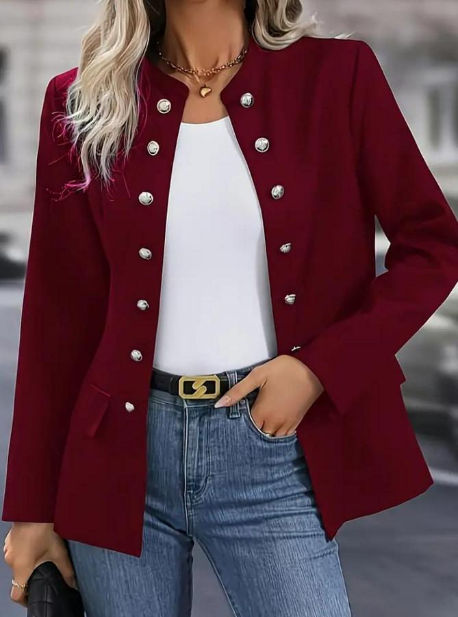 Uzun Kollu Hakim Yaka Önü Açık Düğme Detaylı Atlas Ceket