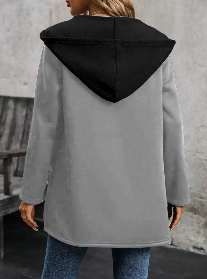 Uzun Kollu Kapşonlu Çift Renkli Şardonlu Iki Iplik Ceket