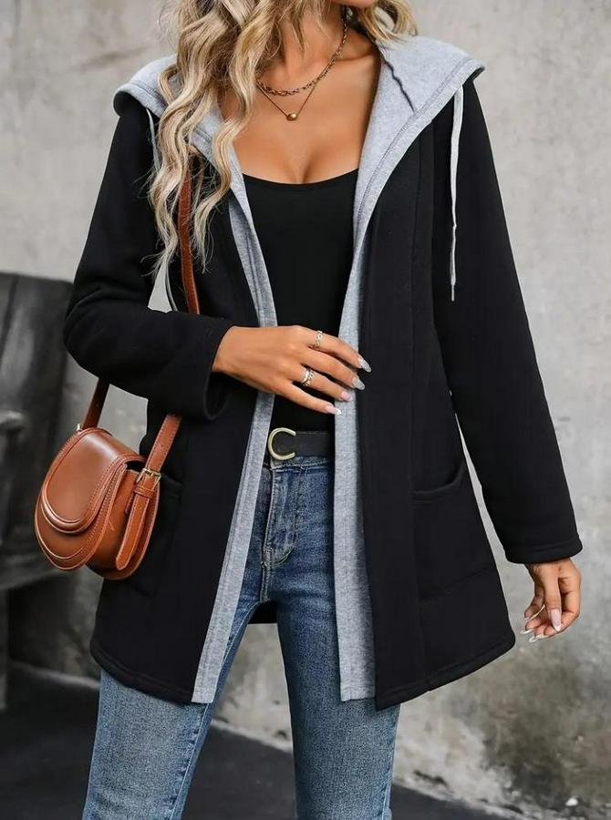 Uzun Kollu Kapşonlu Çift Renkli Şardonlu Iki Iplik Ceket