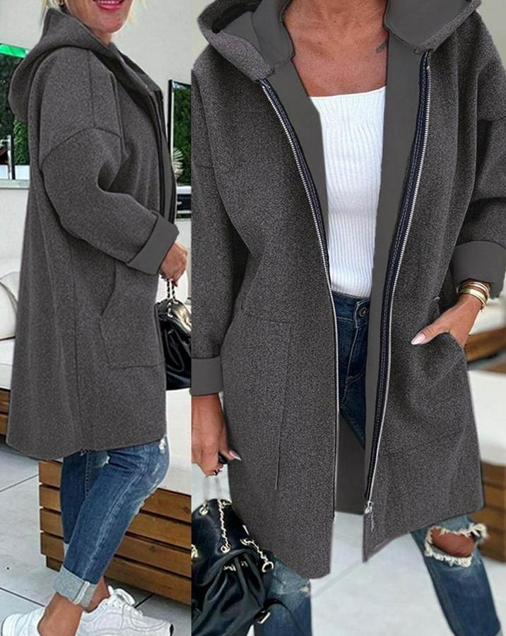 Uzun Kollu Kapşonlu Fermuar Detaylı Cepli Uzun Üç Iplik Ceket