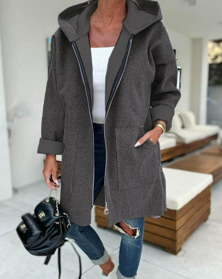 Uzun Kollu Kapşonlu Fermuar Detaylı Cepli Uzun Üç Iplik Ceket