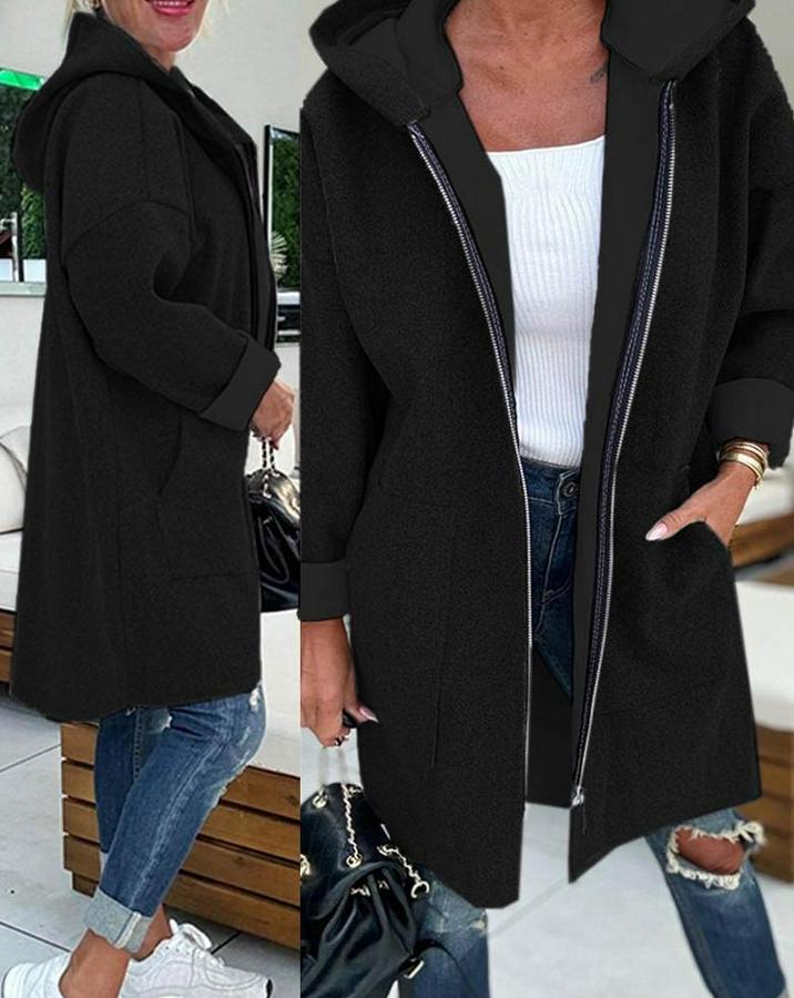 Uzun Kollu Kapşonlu Fermuar Detaylı Cepli Uzun Üç Iplik Ceket