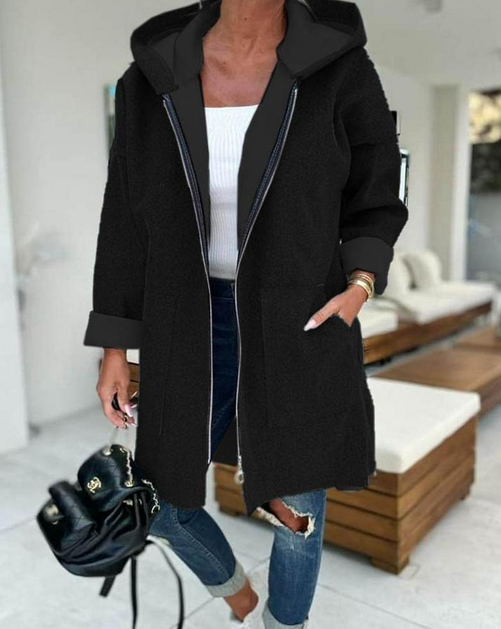 Uzun Kollu Kapşonlu Fermuar Detaylı Cepli Uzun Üç Iplik Ceket