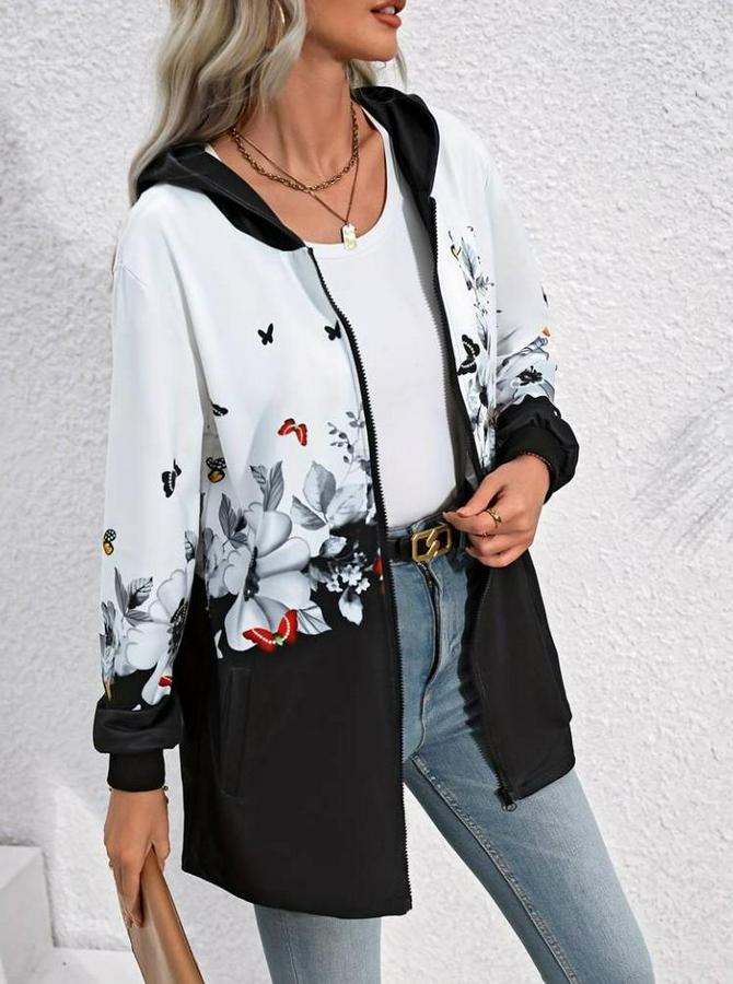 Uzun Kollu Kapşonlu Fermuarlı Çiçek-Kelebek Desenli Şardonlu Dalgıç Ceket