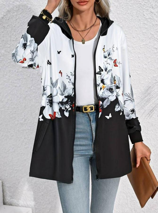 Uzun Kollu Kapşonlu Fermuarlı Çiçek-Kelebek Desenli Şardonlu Dalgıç Ceket