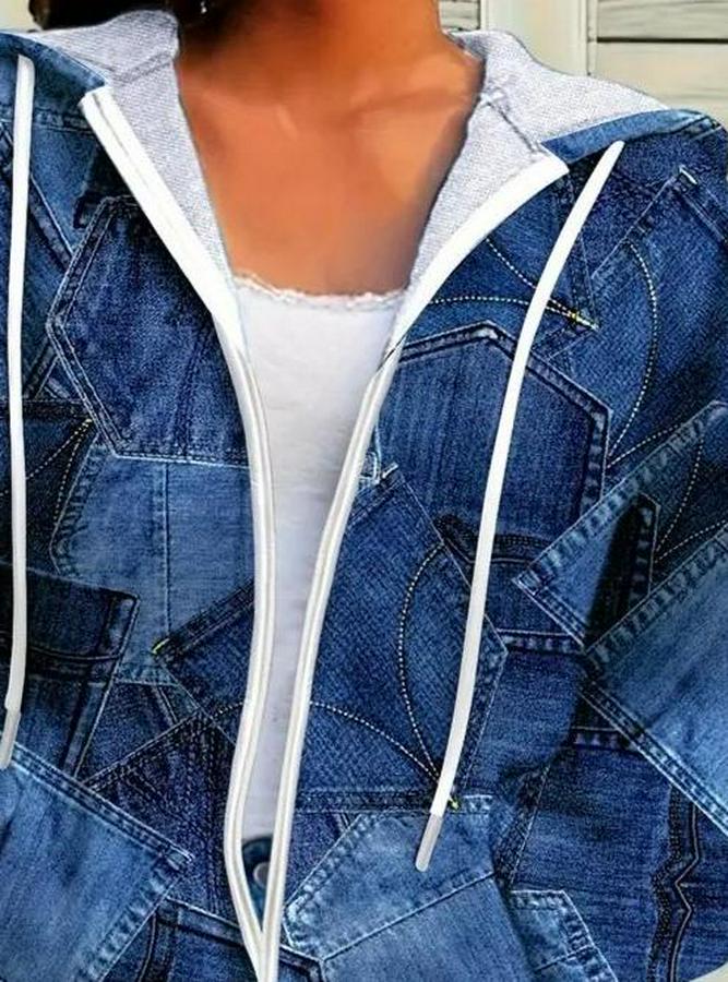 Uzun Kollu Kapşonlu Fermuarlı Kot Desenli Bağcıklı Modal Ceket