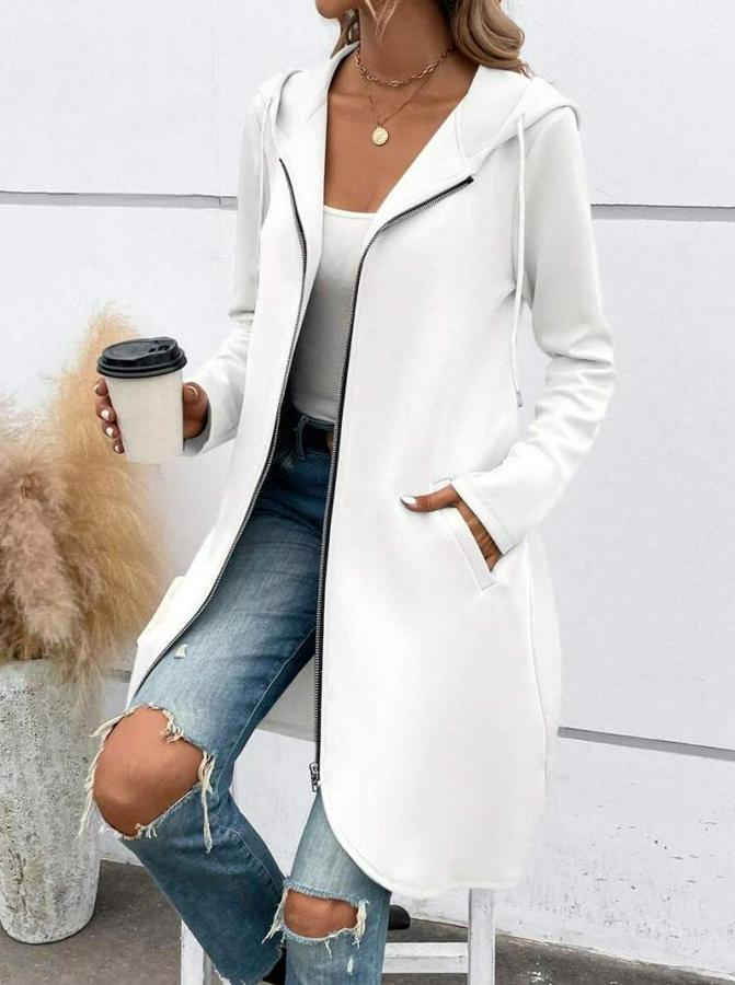 Uzun Kollu Kapşonlu Önden Fermuarlı Midi Dalgıç Ceket