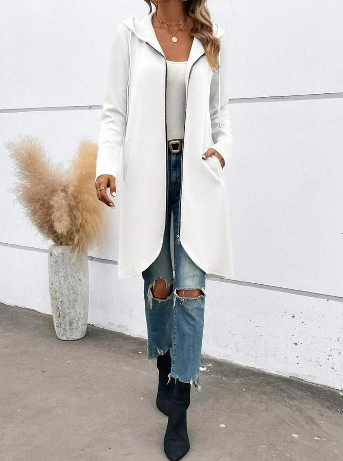 Uzun Kollu Kapşonlu Önden Fermuarlı Midi Dalgıç Ceket