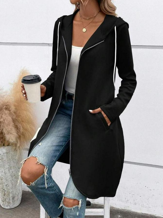 Uzun Kollu Kapşonlu Önden Fermuarlı Midi Dalgıç Ceket